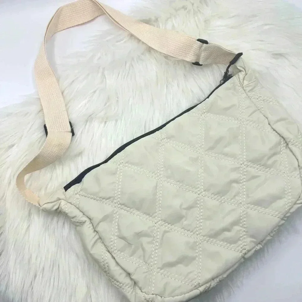 Quilted Nylon Crossbody Hobo Bag in Cream